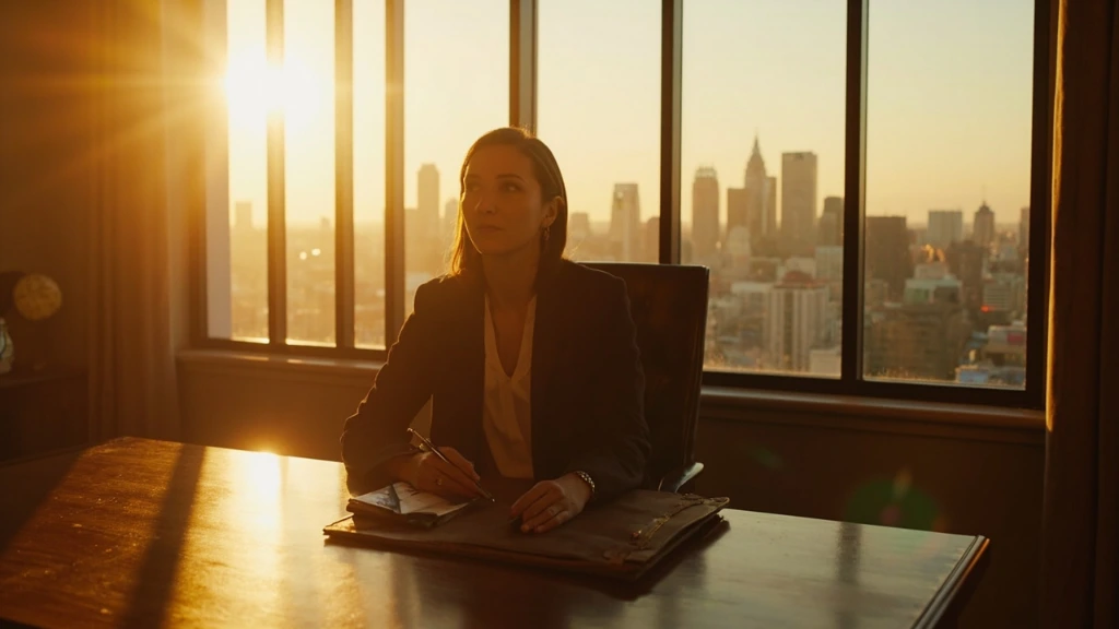 A corner office at golden hour with a desk overlooking the city skyline