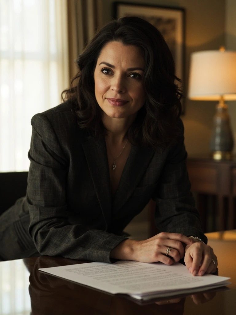 Senior woman in a tailored suit poised at a negotiation table